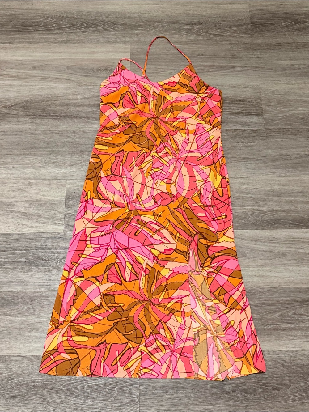Sage Pink and Orange Abstract Print Midi Dress